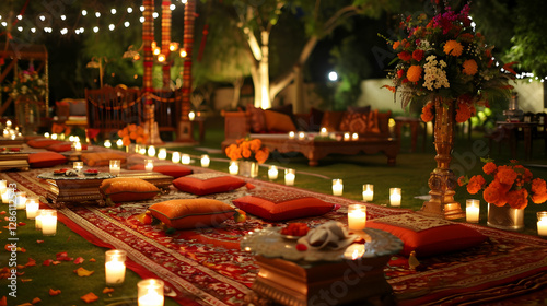 Elegant outdoor celebration setup with cushions, flowers, and candles in a festive atmosphere photo