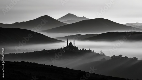 Silhouette of Mosque in the top of cloudy hills with mountain background