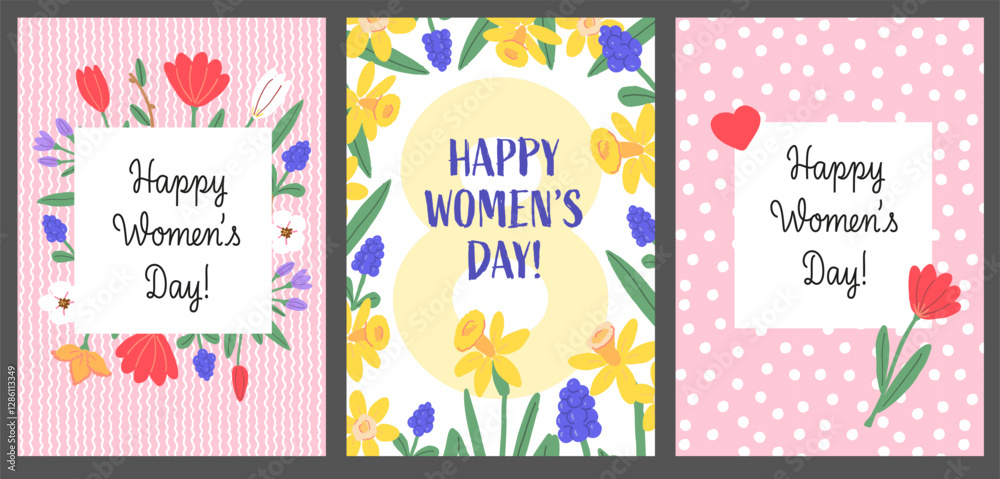 Fototapeta premium Women's Day Greeting Cards Set with Floral Designs