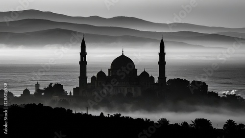 Silhouette of Mosque in the top of cloudy hills with mountain background