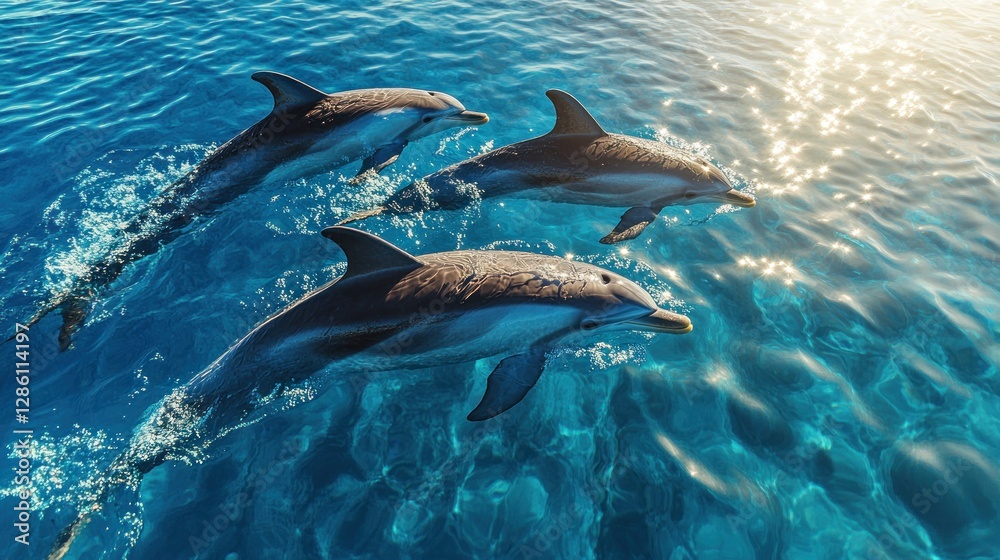 Obraz premium Dolphins swimming in clear turquoise ocean water at sunset