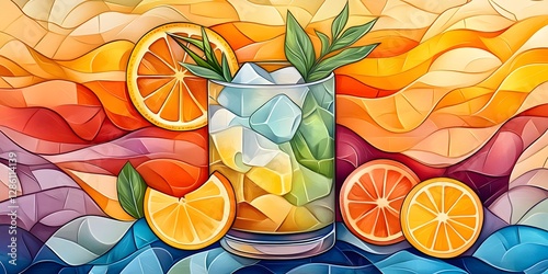 Obraz na płótnie A beautifully detailed stained glass artwork depicting a gourmet cocktail, featuring vibrant colors, elegant patterns, and a refined, artistic composition. w salonie