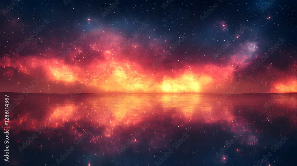Fototapeta premium Cosmic Reflections: An awe-inspiring vista of the cosmos unfolds, a vibrant tapestry of nebulae and stars mirrored flawlessly on a still surface.