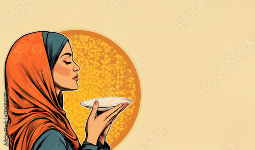 AI Image. Illustrative pop art background with Islamic woman. Mubarak concept