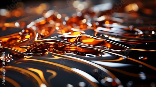 Close Up Shot of Abstract Flowing Engine Oil with Amber Hue and Dark Surface
