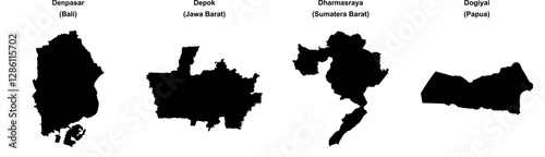 Denpasar, Depok, Dharmasraya, Dogiyai outline maps