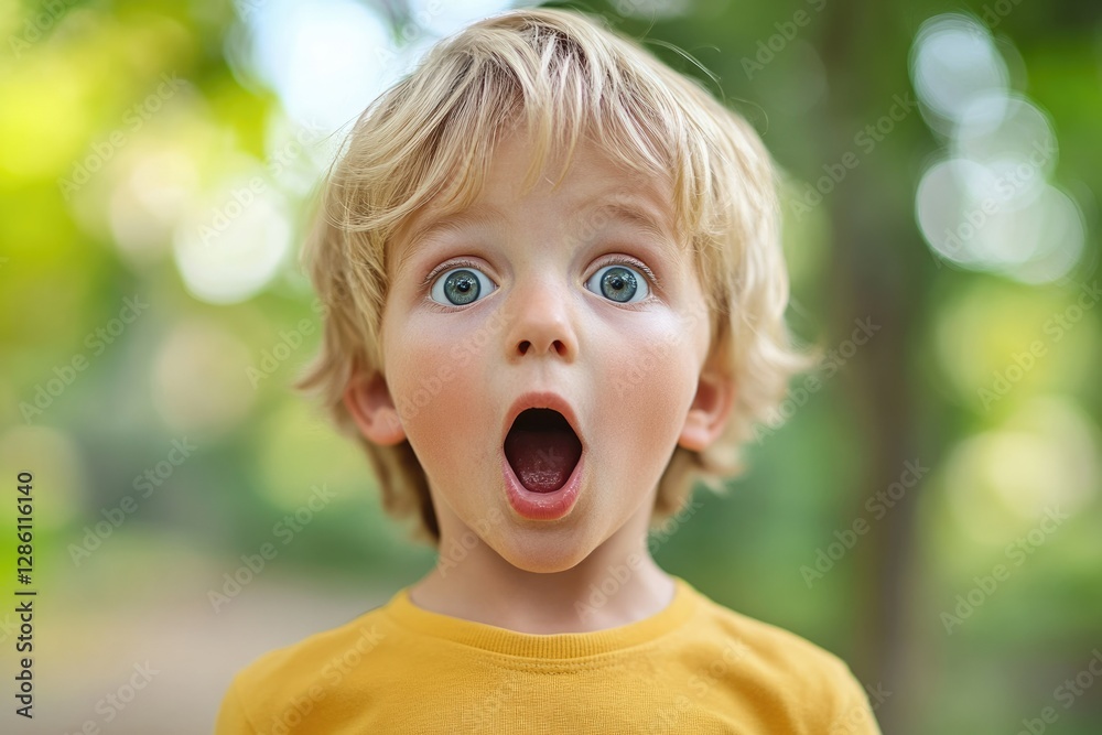 Amazed Youngster: Portrait of a Joyful Little Boy with Blonde Hair in a Vibrant Green Park Setting Amazed Youngster: Portrait of a Joyful Little Boy with Blonde Hair in a Vibrant Green Park Setting