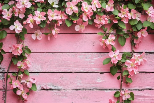 Pink wooden wall with lush green vines and delicate flowers in full bloom