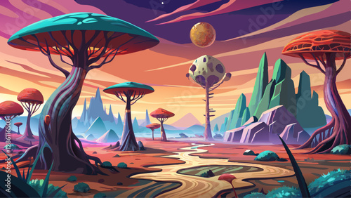 alien planet landscape with strange trees, digital art