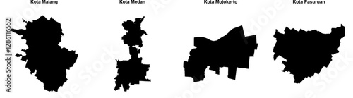 Photos Kota Malang, Kota Medan, Kota Mojokerto, Kota Pasuruan outline maps