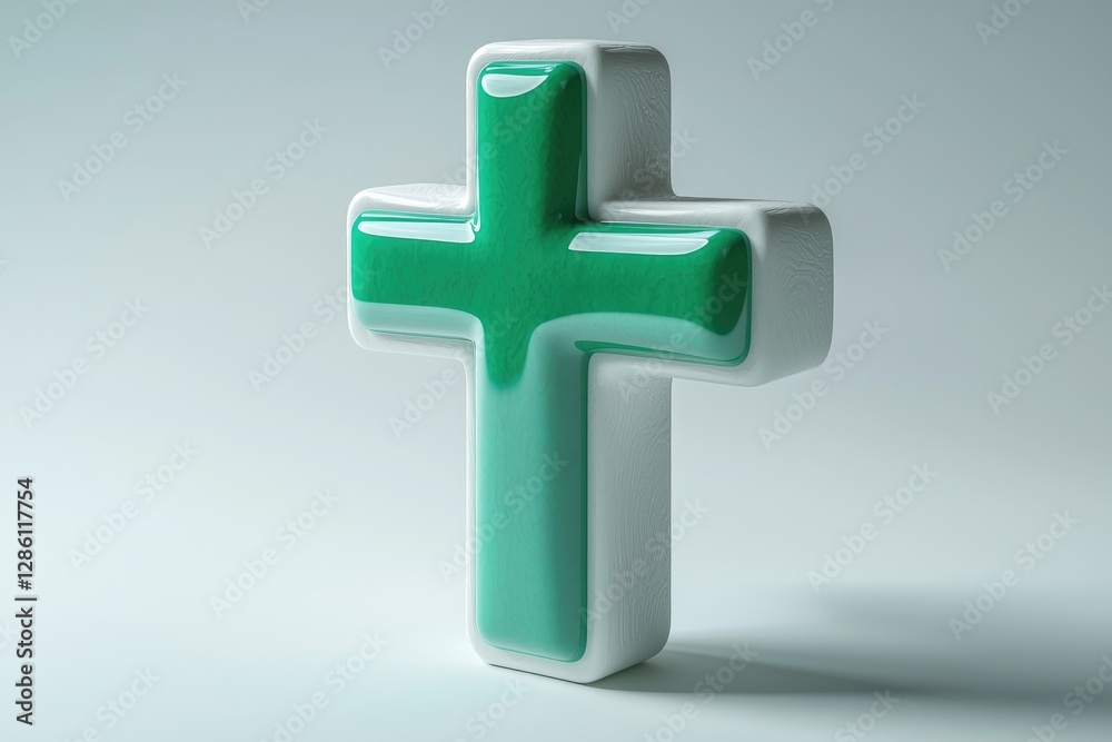 Obraz premium A Green Glossy Cross Is Standing Isolated On A White Surface