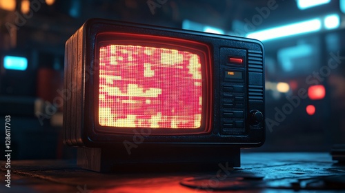 A vintage CRT TV with pixelated game screen and glowing pixels