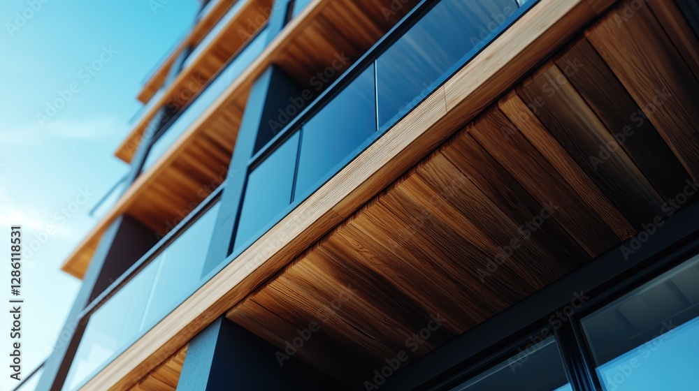 A contemporary building showcasing stylish wooden balconies against a clear blue sky, representing modernity and innovative architectural design in urban environments. A contemporary building showcasing stylish wooden balconies against a clear blue sky, representing modernity and innovative architectural design in urban environments.
