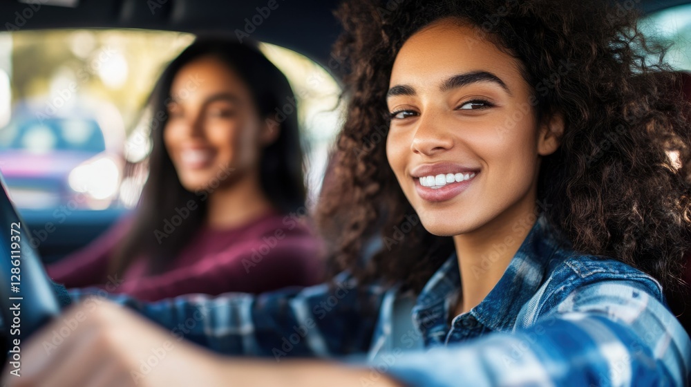 Obraz premium Focused Young Woman Taking Driver Education with Instructor in Car, Closeup Shot Highlighting the Learning Experience