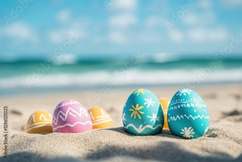 Joyful Easter Celebration at the Beach with Colorful Eggs on Sandy Shore