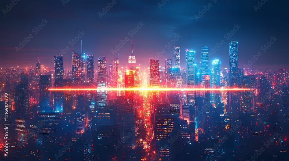 Neon Cityscape Illuminated At Night With Bright Lights Neon Cityscape Illuminated At Night With Bright Lights