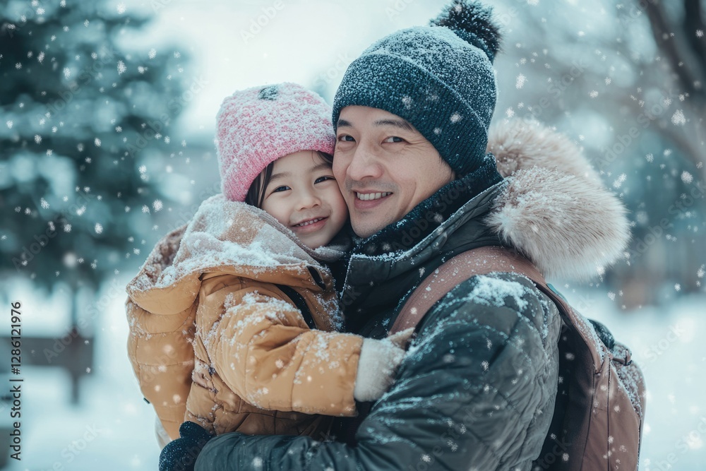 Obraz premium Joyful Asian Family Strolling in a Winter Wonderland with Children Playing in the Beautiful Snow