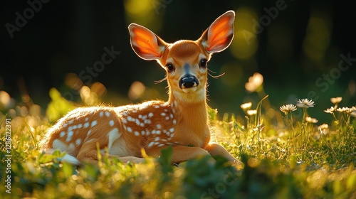 Fawn resting in meadow at sunset