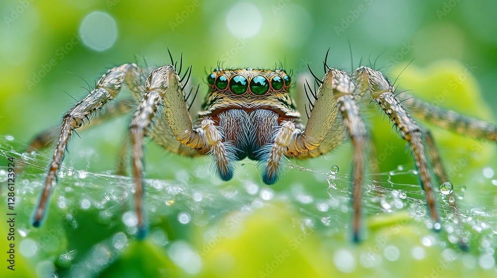 Fototapeta premium Green Eyed Jumping Spider On Dew Covered Web