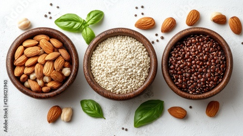 Healthy grains and nuts arranged in wooden bowls on a light surface with fresh herbs and spices photo