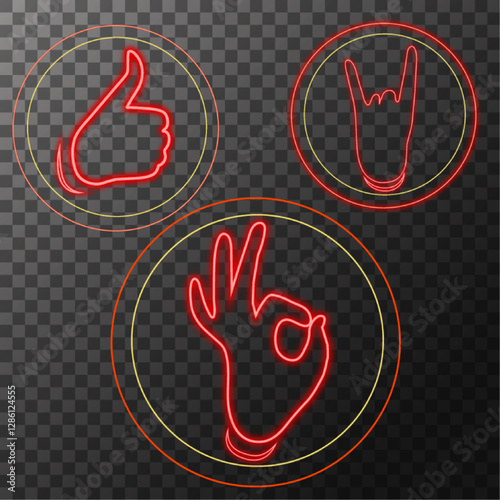 Vector set. Luminescent glowing icons. Different forms of popular hand movements. Transparent background