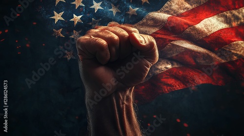 A clenched fist raised high before an American flag