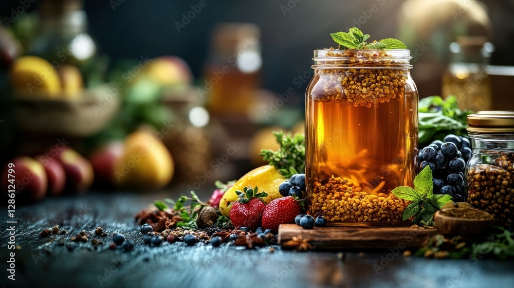 Fototapeta premium Healthy herbal drink in jar, rustic kitchen setting, fresh fruits and spices