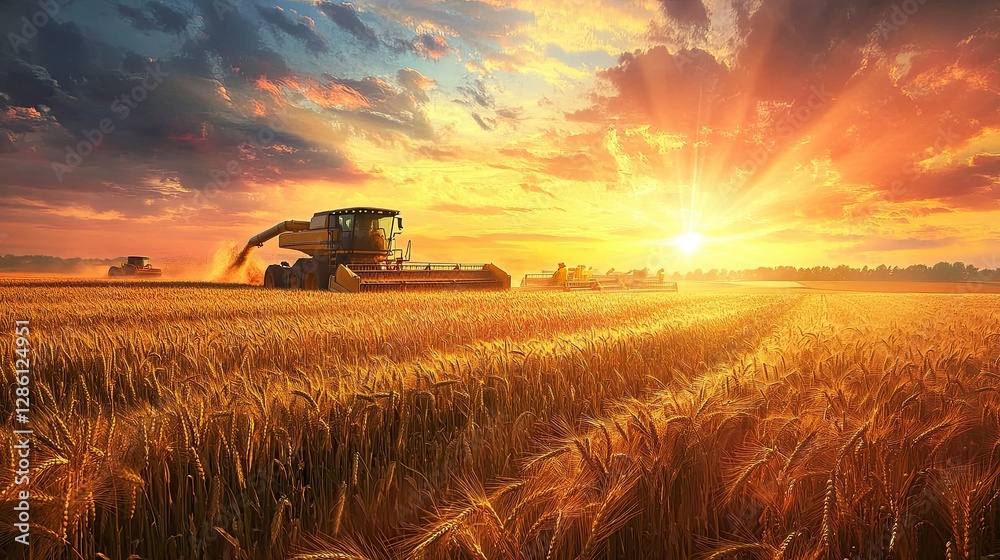 Fototapeta premium a wheat field during harvest. Include several farmers operating modern harvesting equipment like combines. 