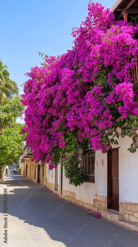 Fototapeta premium Picturesque Mediterranean street with vibrant pink bougainvillea in full bloom against traditional whitewashed walls under bright blue sky travel photography capturing exotic beauty and architecture