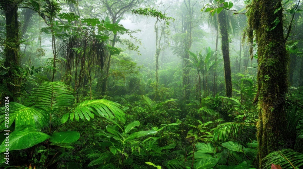 Fototapeta premium Exploring Lush Green Rainforest Dense Vegetation with Trees and Plants