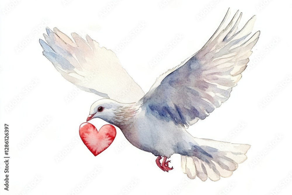 Obraz premium Whimsical Watercolor of a Soaring Dove Embracing a Heart, Perfect for Valentine's Day
