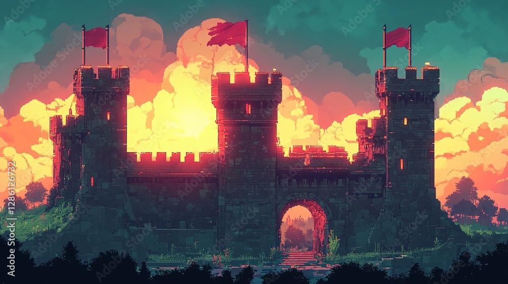 A retro castle level with pixelated turrets and glowing flags A retro castle level with pixelated turrets and glowing flags