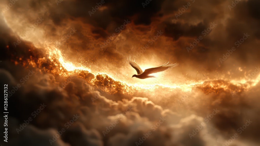Obraz premium A mythical phoenix with fiery wings soaring through an ominous dark sky, glowing embers trailing behind, fantasy art, high detail, vivid contrasts.