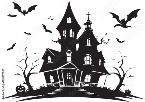 A black and white hunted halloween house silhouette design - scary house icon design