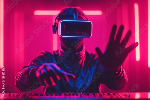 Virtual reality user wearing a futuristic headset with neon pink lighting photo