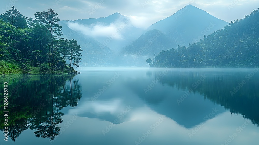 Majestic Volcanic Mountains Reflected in a Serene Lake Shrouded in Mist Majestic Volcanic Mountains Reflected in a Serene Lake Shrouded in Mist