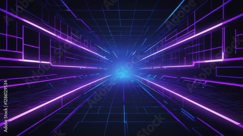 Futuristic Cyberpunk Hallway with Neon Lights and Grid Pattern Design