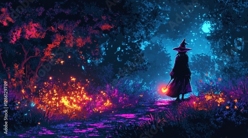 A pixel witch casting neon spells in a glowing forest