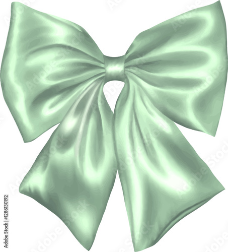 Watercolor soft mint green satin ribbon bow realistic vector illustration. Isolated on white.