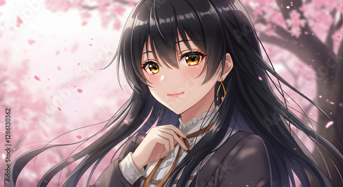 Anime Girl Smiling in Front of Cherry Blossoms Illustration Style