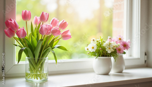 Wallpaper Mural Tulips and daisies in vases on windowsill Torontodigital.ca