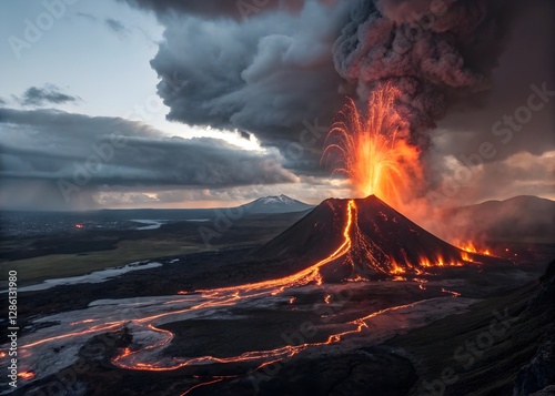 Photograph of a volcanic eruption at night, with a large, bright orange and yellow lava flow pouring down the side of a mountain.