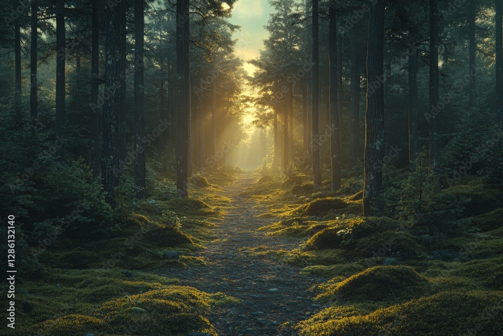 Obraz premium Mystical forest pathway with golden sunlight breaking through trees