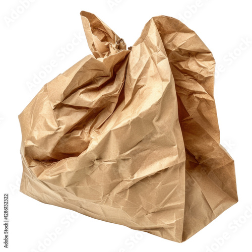 Crumpled brown paper bag with twisted top, showcasing texture and folds. Ideal for eco friendly packaging or craft projects
