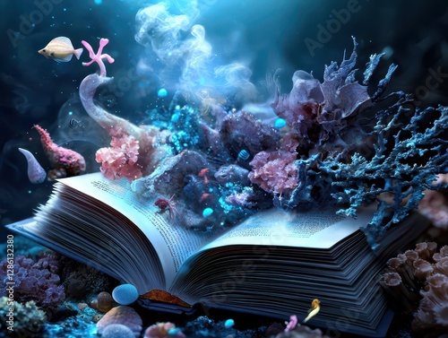 A magical book opening to release glowing, animated characters, fairytale style, warm and whimsical, detailed digital painting, dreamlike imagination. photo