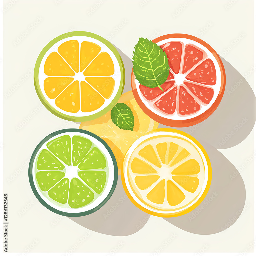Fototapeta premium Refreshing citrus drink composition kitchen counter digital illustration bright colors above view healthy lifestyle