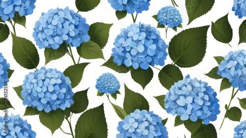 Seamless Pattern of Blue Hydrangea Flowers with Dark Green Leaves