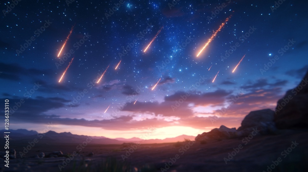 Naklejka premium Meteor Shower over Desert Landscape at Sunrise