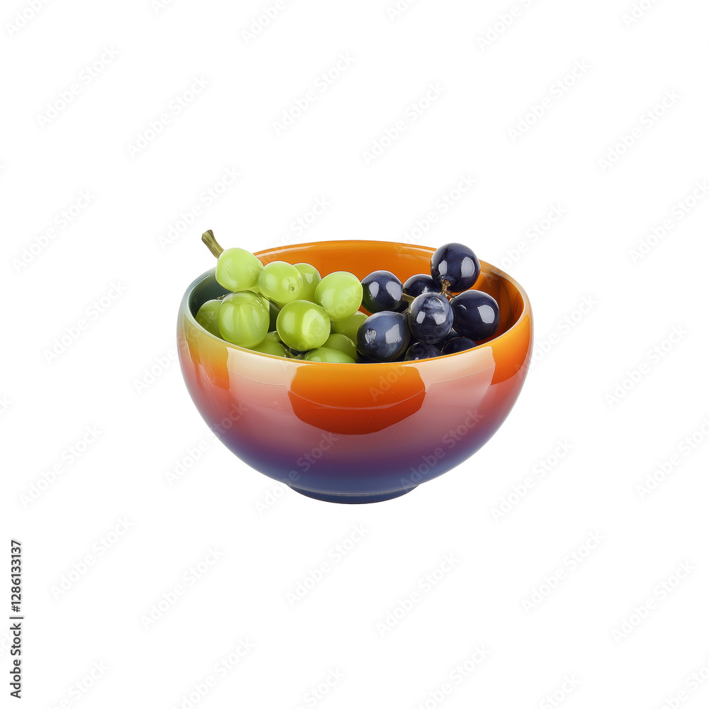 Colorful Bowl with Green and Black Grapes on a White Background Colorful Bowl with Green and Black Grapes on a White Background