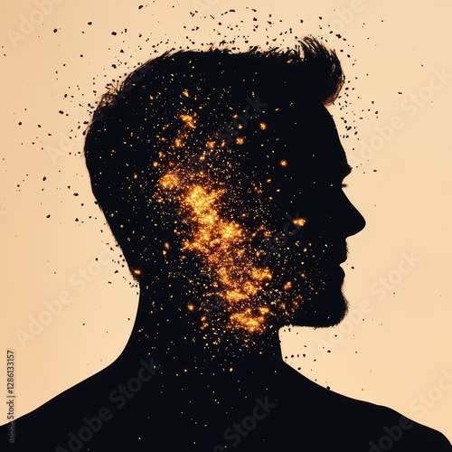 A silhouette of a man with a face disintegrating into vibrant, sparkling particles, symbolizing creativity and transformation.